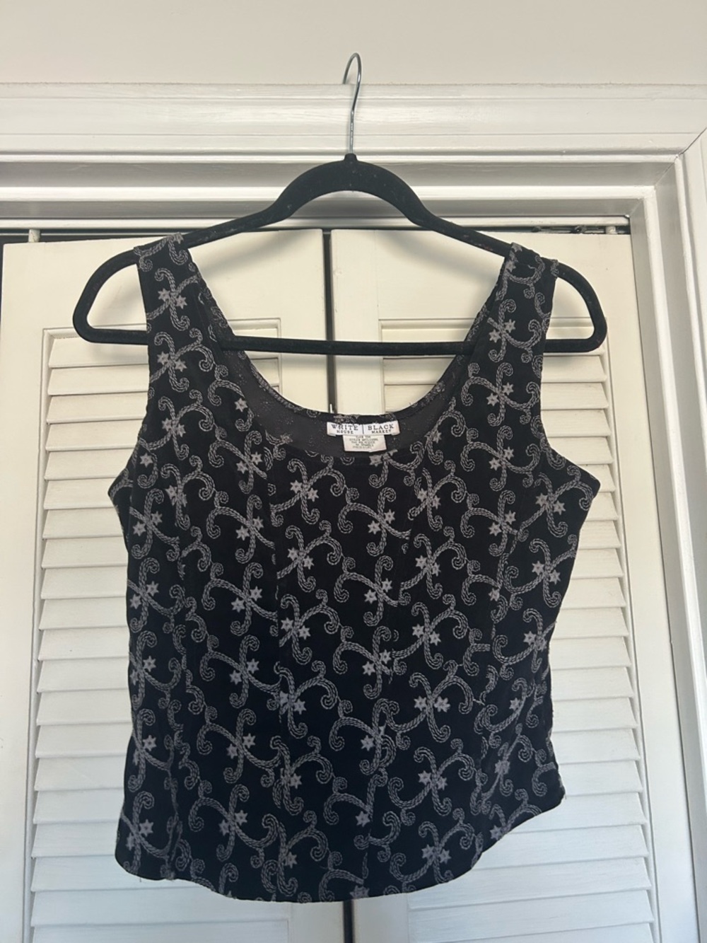 White House Black Market Black Tank with Silver Swirl Embroidery